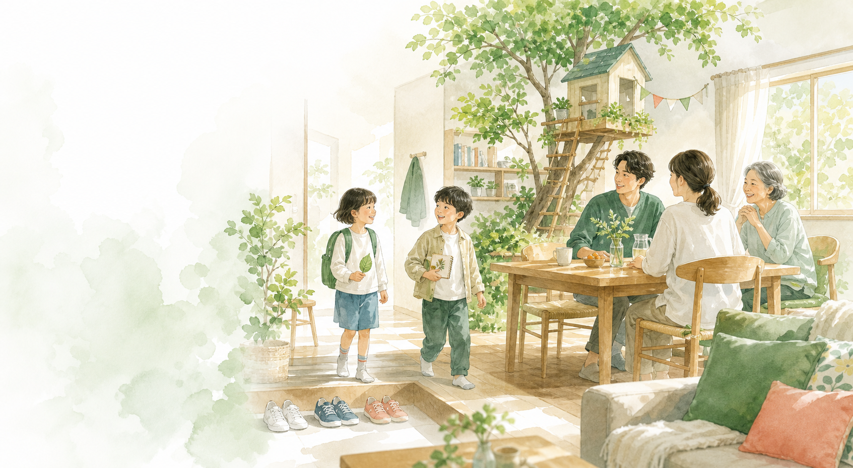 家に帰ってきた子どもたちと、食卓で待つ家族のあたたかなイラスト